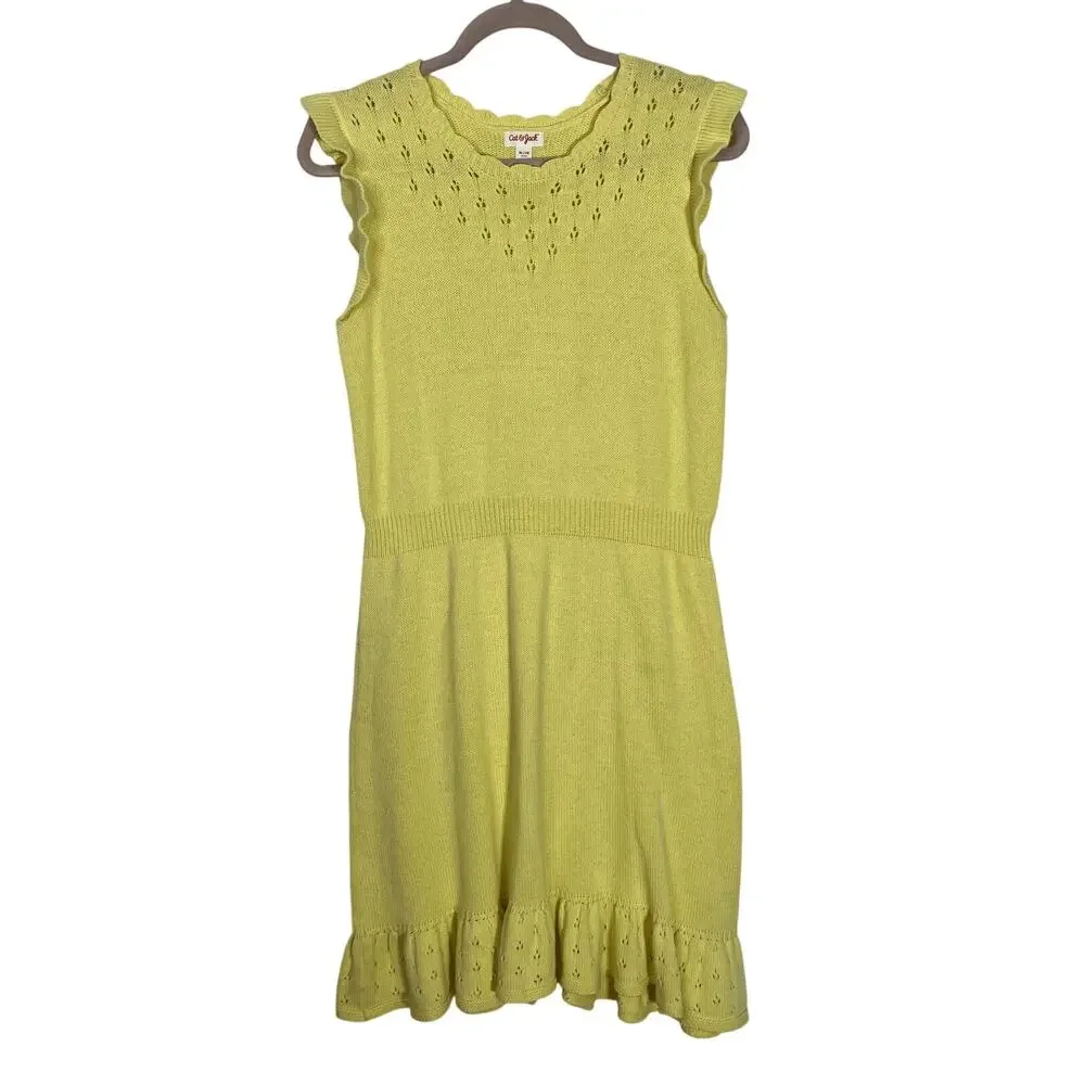 Girls Cat & Jack Yellow Knit‎ Drop Waist Flutter Ruffle Hem Dress Size (14) XL